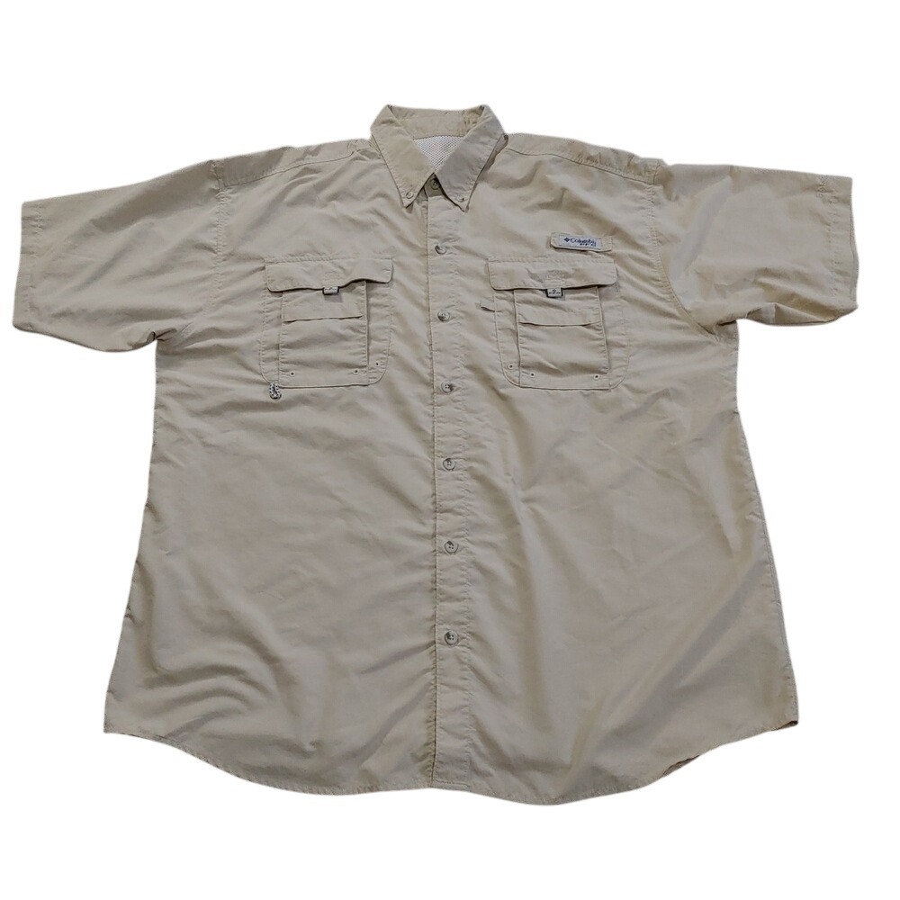 Fishing Columbia PFG Shirt Mens XL Beige Bahama Vented Short Sleeve Button Up